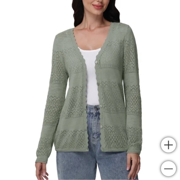 New Frye Women's Pointelle green Cardigan lightweight 100% cotton - Picture 3 of 7